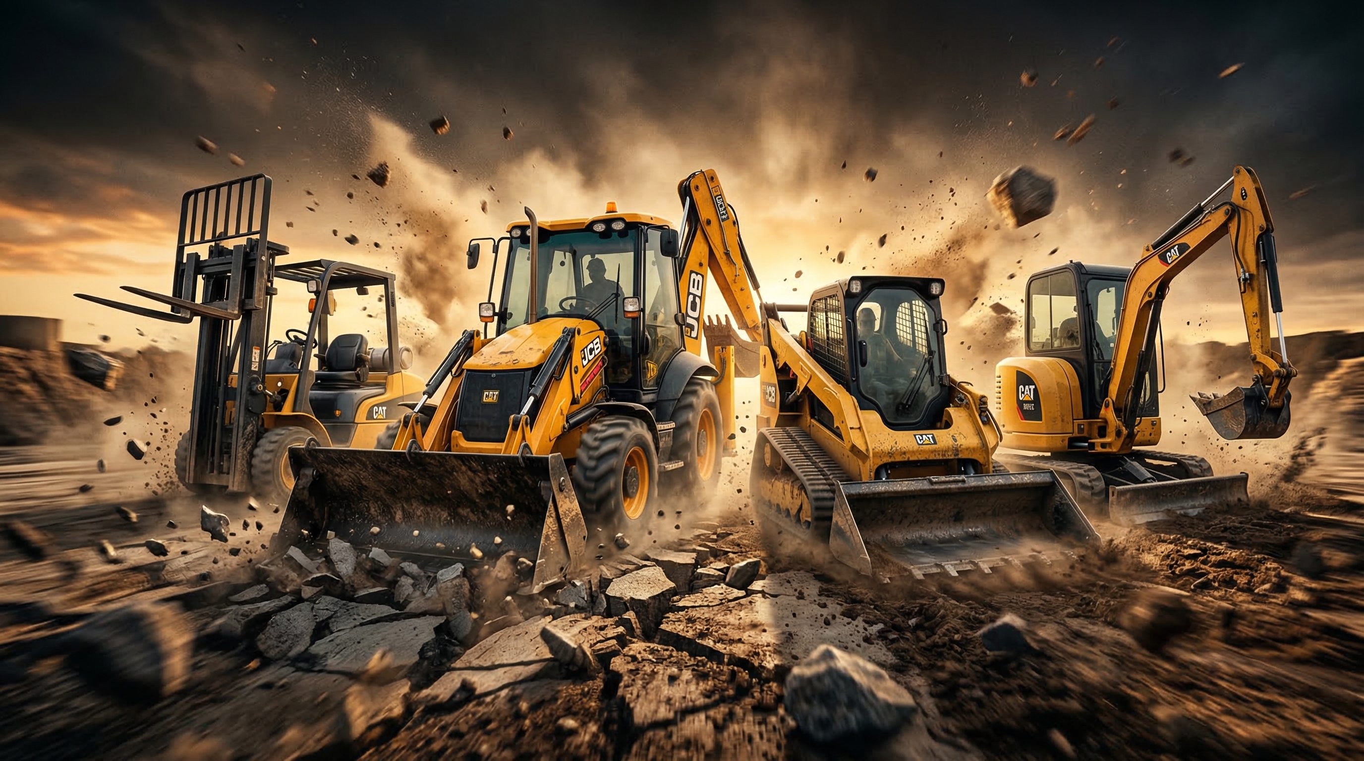 Grúa horquilla, retroexcavadora, minicargador y miniexcavadora trabajando en terreno: maquinaria industrial atendida por Grupo Orfanoz